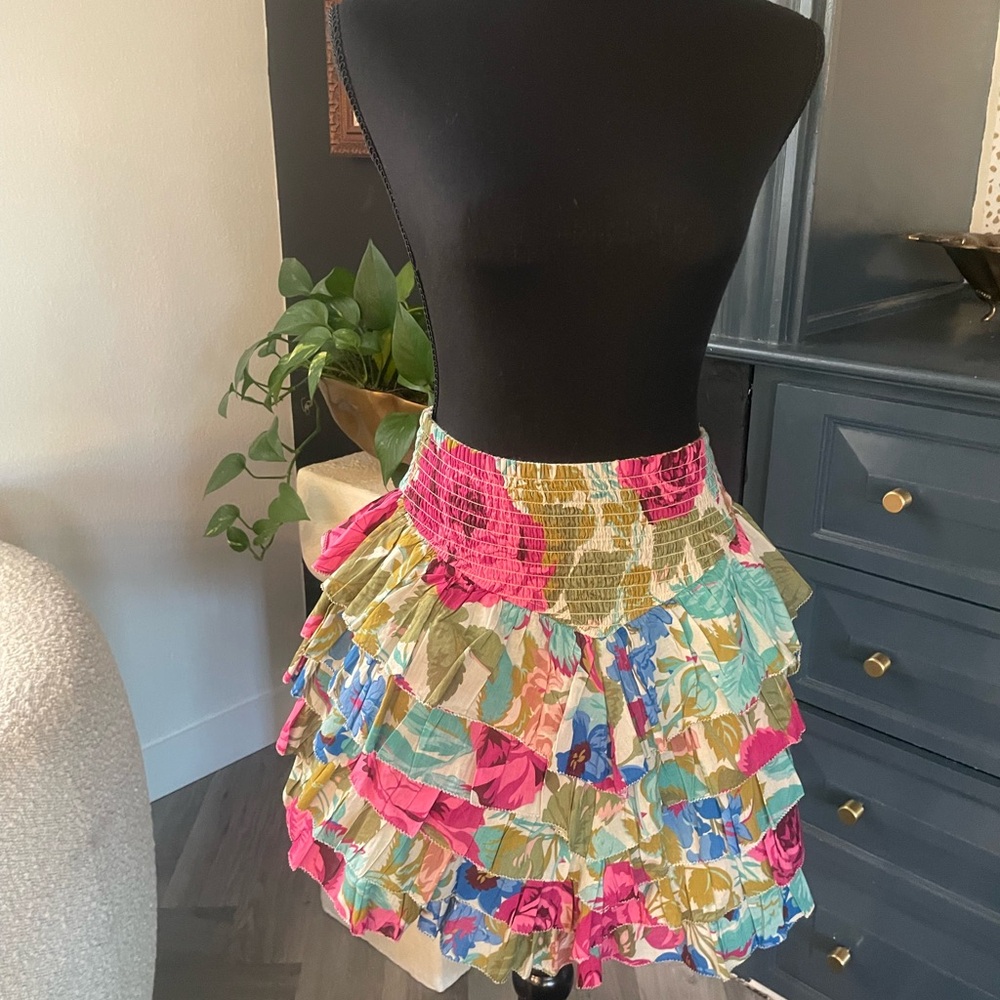 Pink and Yellow Mini Bubble Skirt with Ruffled Tiered Design for Resort Wear